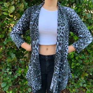 grey, white, and black cheetah print cardigan